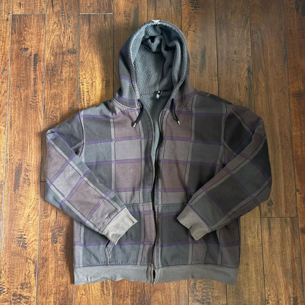 Y2K Skater Current Hoodie Mens L Gray Plaid 2000s Grunge Emo Surfer Full Zip